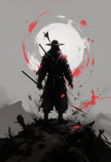 aidmaimageupgrader, samurai, hill, back view, katana, sword, shadow, silhouette, black and white, monochrome, red accents, dramatic lighting, atmospheric, foggy background, japanese culture, minimalist, moody, contrast, sunset glow, isolated figure, reflective pose,pscho_4rt