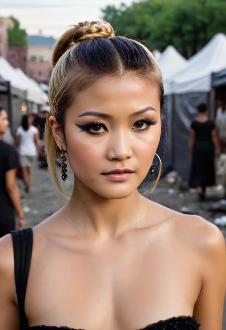 Kelly Hu, Petite, asian, darkskin,blonde hair, 18 year old Chinese woman, flat chested, earrings, eye liner, tattoos, double bun, 4k, very detailed, 80sgirlpearl, Scarlett, eyeliner, ((blonde hair)), BREAK, solo, goth girl, 18 year old,, (flat chest:1.3), cinematic film still 1woman facing viewer walking a busy homeless tent city sidewalk on a hot summer day, , garbage and broken glass on the ground, shallow depth of field, vignette, highly detailed, high budget, bokeh, cinemascope, moody, epic, gorgeous, film grain, grainy, debris-filled , masterpiece, best quality, Night Market, conysv3-1400