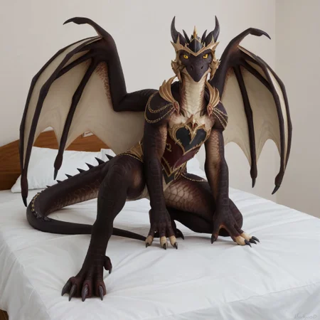score_9, score_8_up, score_7_up, score_6_up, score_5_up, score_4_up, masterpiece, high quality, realistic, detailed, best quality, 1girl, solo, rating_safe, source_furry, white bed, bedroom, smiling, seductive, looking at viewer, on bed, full body, emberthal_wc, dracthyr, dragon, black scales, wings, horns, tail, claws, female, 1girl, anthro, yellow sclera, armor, helmet, black slit eyes