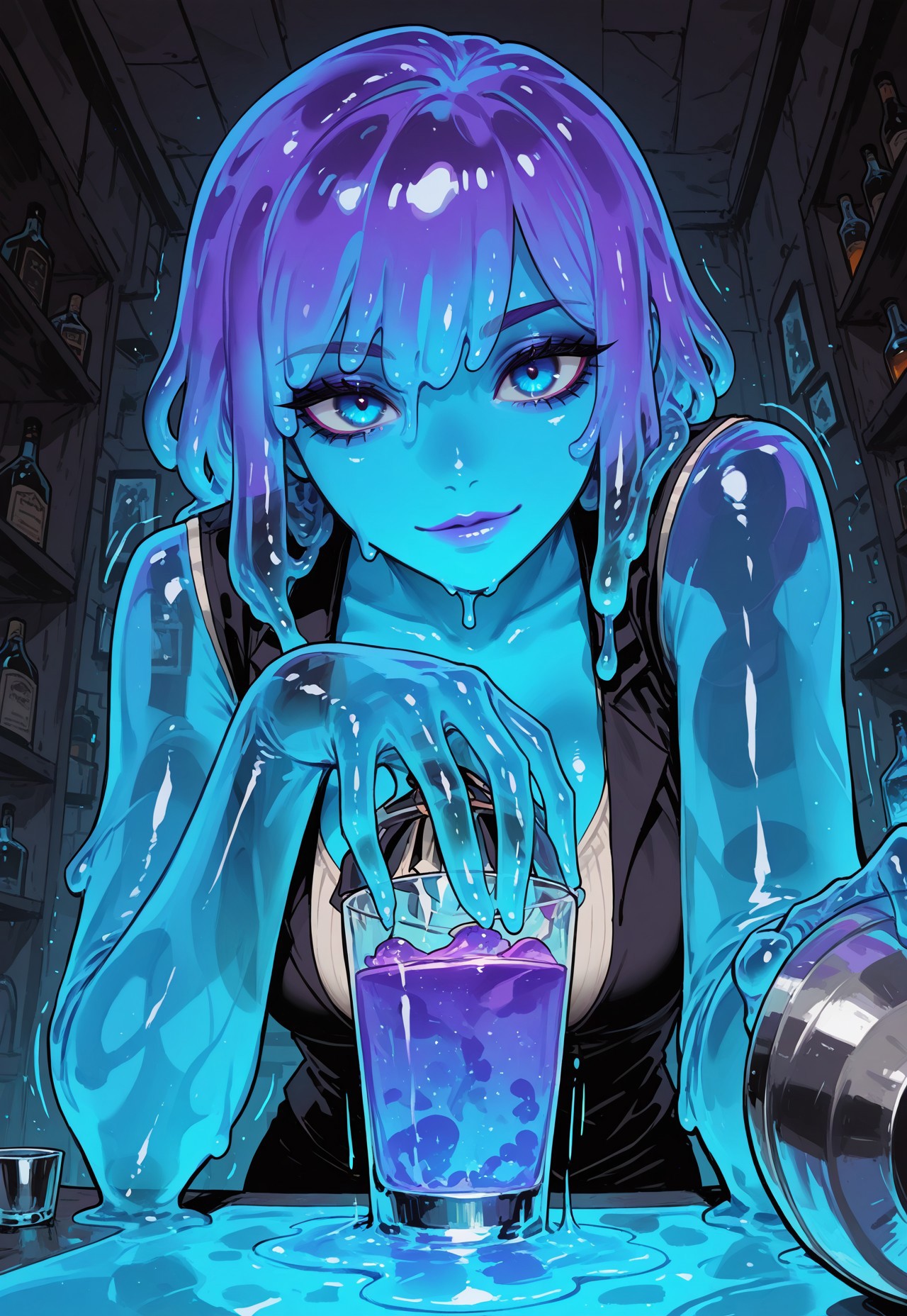 score_9, score_8_up, score_7_up, masterpiece, best quality, very aesthetic, 1girl, incoth, (incase:0.6), detailed face, (dynamic:1), stylized, illustration, r17329_illu, slime girl, barkeeper, bar, elegant outfit, purple slime, long slime hair, dripping, cocktail-shaker, shaking, looking at viewer, badass, blue eyes, drinks, glow, sleeveless, vest, perspective, transparent head, movement, motion lines, foreground drinks, depth, foreground, from below, 