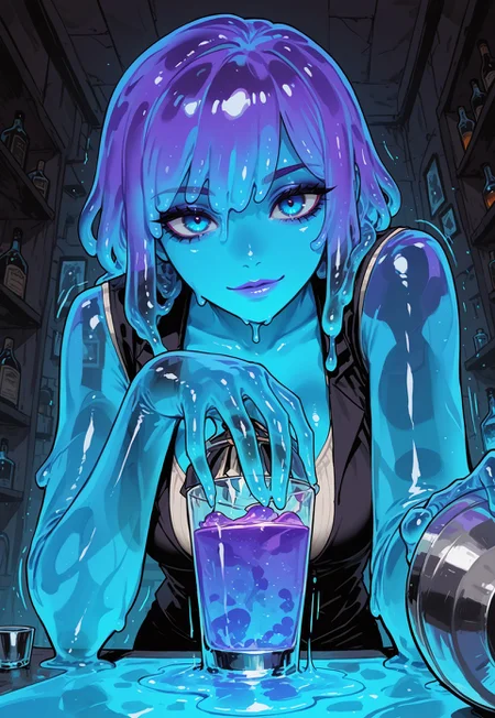score_9, score_8_up, score_7_up, masterpiece, best quality, very aesthetic, 1girl, incoth, (incase:0.6), detailed face, (dynamic:1), stylized, illustration, r17329_illu, slime girl, barkeeper, bar, elegant outfit, purple slime, long slime hair, dripping, cocktail-shaker, shaking, looking at viewer, badass, blue eyes, drinks, glow, sleeveless, vest, perspective, transparent head, movement, motion lines, foreground drinks, depth, foreground, from below, 
