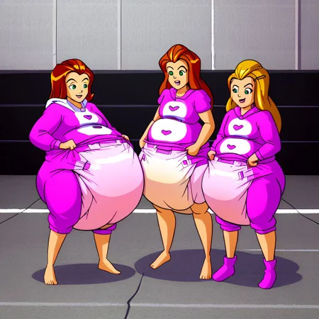 sam, samantha, totally spies, fat, female, diaper, puffy diaper, big diaper, waddle, huge diaper, chubby, onesie, massive diaper, baby clothes, confident,