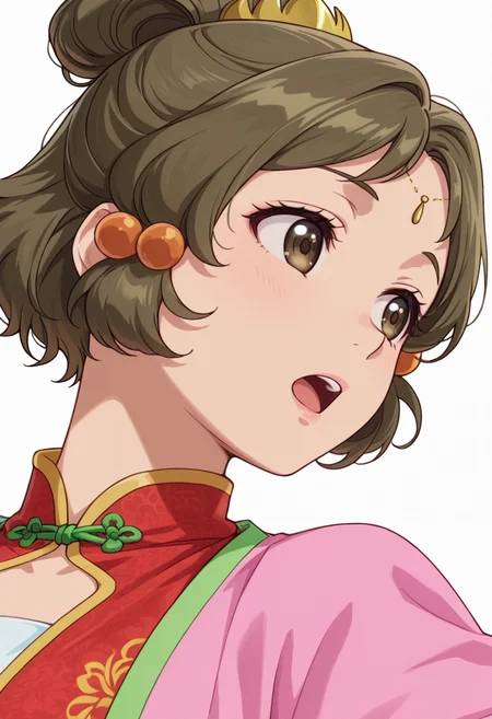 Smooth Quality,masterpiece,very intricate, high quality details, ultra realistic, high detailed skin,detailed enviorement,absurdres,
simple background, white background,solo,
sideways,open mouth,dancing,
<lora:Guiyuan_CNR:0.8> guiyan_cnr, 1girl,brown hair, short hair, brown eyes,hair ornament, hair bun, single hair bun,
gui_pink_cnr,chinese clothes,