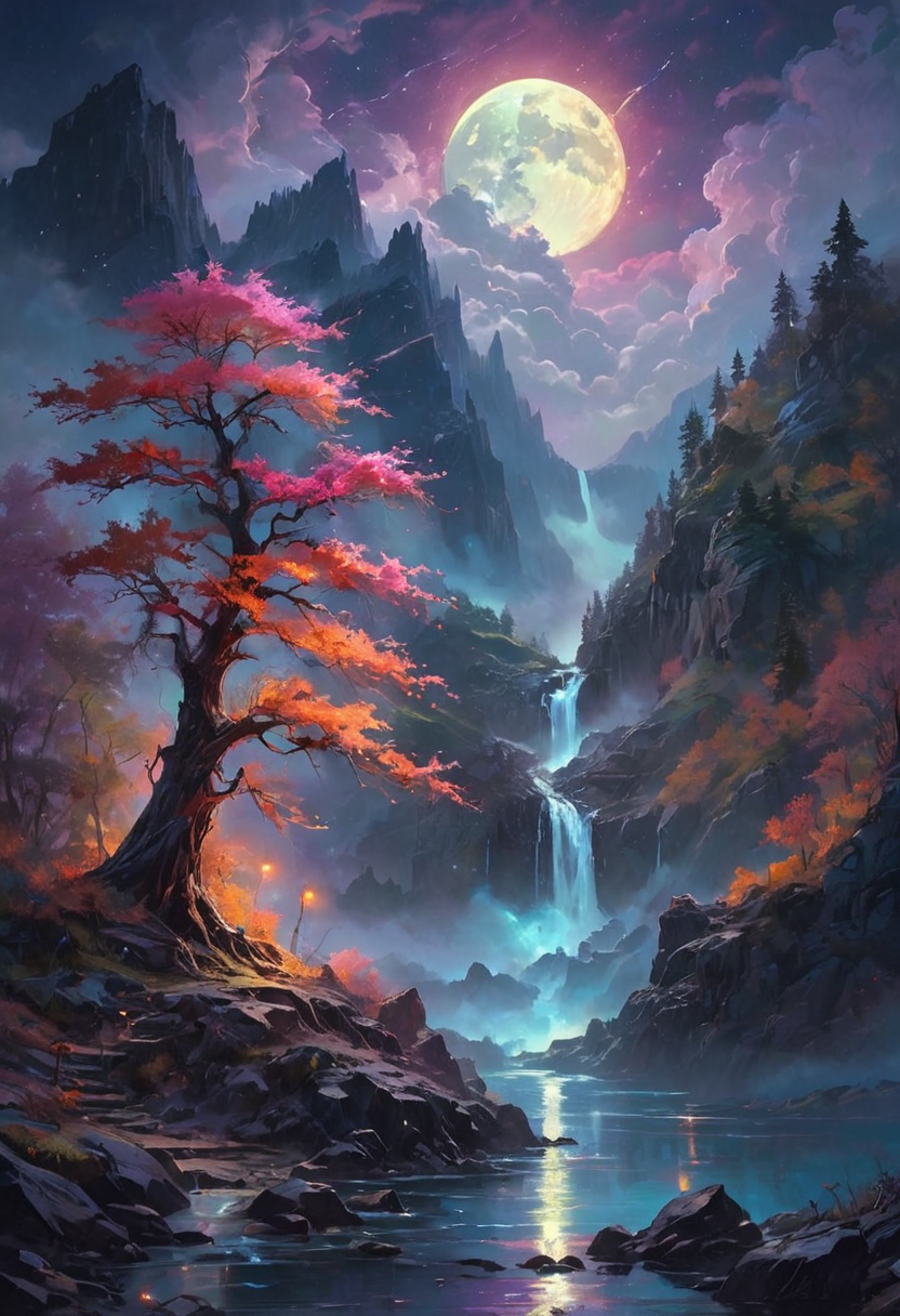 Under the eerie glow of a full moon, a dark and ominous landscape unfolds. A vibrant, colorful tree stands by the edge of a serene lake, its vivid hues contrasting starkly with the foreboding atmosphere. In the background, a waterfall cascades down jagged rocks, the water glistening in the moonlight. Thick, swirling clouds loom overhead, adding to the sense of an evil presence. The moonlight filters through the clouds, casting an otherworldly glow over the scene. A falling star streaks across the sky, adding a touch of mysticism to the night. The air is thick with a sense of ancient secrets and dark magic, as if the very night is alive with hidden power. [romantic impressionism,dream scenery art,beautiful oil matte painting,romantic,style of thomas kinkade,beautiful digital painting,anime landscape,romantic painting,dreamlike digital painting,colorful painting,beautiful gorgeous digital art,style of greg rutkowski,janek sedlar,jenny saville:0] <lora:vivid_everclear:0.6>  <lora:Sinozick:0.65>