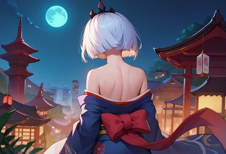 score_9, score_8_up, score_7_up, 1girl, Orphea, tiara, white hair, short hair, red eyes, cityscape, kimono, off shoulder, night, from behind, <lora:Orphea DORER:1>
