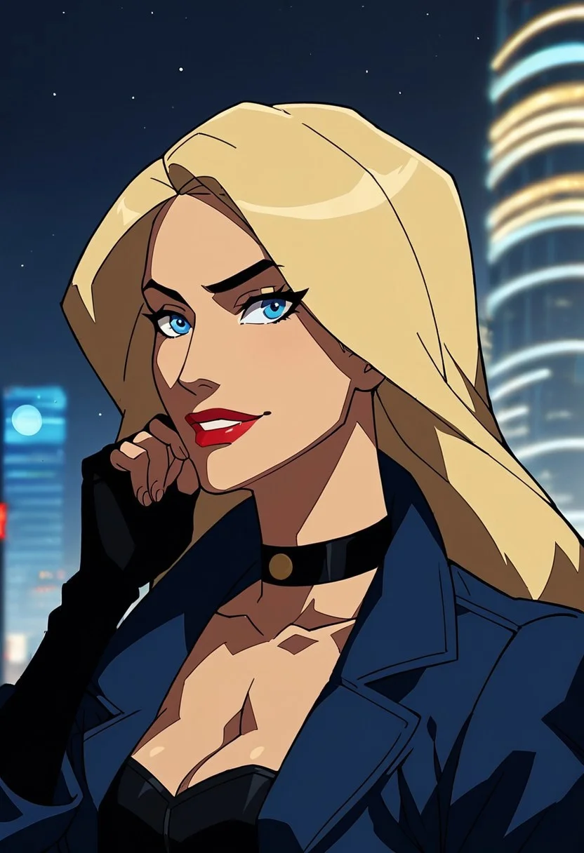 1girl, solo, alone, score_9, score_8_up, score_7_up, masterpiece, high quality, source_cartoon, very detailed, depth of field, cinematic illumination, volumetric lighting, full color picture, vibrant colors, medium breasts, makeup, lipstick,
bcYJ, long hair, blonde hair, blue eyes, black choker, black leotard, grey pantyhose, black fingerless gloves, elbow gloves, black knee boots, blue jacket, front-seamed legwear, cleavage,
upper body, city, metropolis, daytime, smiling, cute face, portrait, closeup,