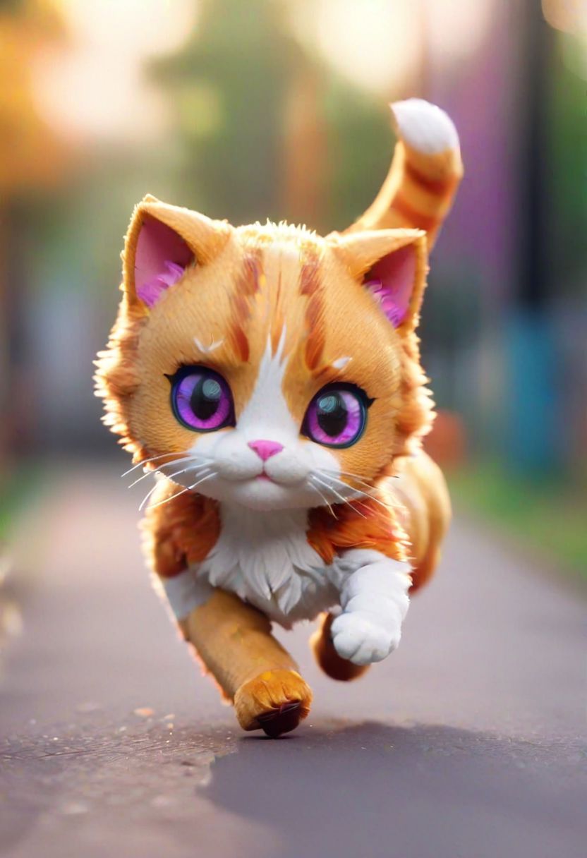 Boogie Nights style, cinematic film still of a cute chibi colorful cat running towards the viewer, bokeh blur background, realistic, detailed, 8K resolution, masterpiece