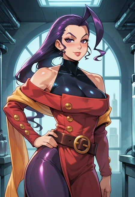 ((score_9_up, score_8_up, score_7_up)),hentai style,anime style)),(photo realistic),(((devilHS))),[neisan,reiq],[melkor mancin],score_9, score_8_up, score_7_up, score_6_up, SunsetRiders7 art style, 1 female, solo, standing, perfect face, Science Lab background,
BREAK 
<lora:PONYXL_StreetFighter_Rose_ownwaifu:1>, BREAK MainOutfit_Rose_ownwaifu, 1girl, hagoromo, hair slicked back, huge ahoge, long hair, purple eyes, purple hair, single hair intake, yellow scarf, bare shoulders, shoulder cutout, clothing cutout, halterneck, lips, turtleneck, makeup, off shoulder, scarf, belt, off-shoulder dress, red dress, detached sleeves, lipstick, jewelry, pantyhose, nose, leotard, antenna hair, cleavage, loose belt, long sleeves, side slit, buttons, purple pantyhose, covered collarbone, sidelocks, asymmetrical hair, brown belt, impossible clothes, long dress, flipped hair, forehead, narrow waist, skin tight, belt buckle, sleeveless turtleneck, thick thighs, bodysuit, purple bodysuit, red dress, side slit, black leggings,
<lora:add-detail-xl:0.15>,
cowboy shot,
smile, seductive, horny, rating-explicit, Expressiveh,
slender body, large ass, round ass, high detail, perfect face, very close-up, looking at the viewer,
magnificent, (ultra HD quality details), perfect eyes, perfect face, face focus, perky breasts, female, smiling, head tilted, (big breasts:0.7), bottom heavy, indoors, blush, BREAK score_9, score_8_up, score_7_up, score_6_up, source_cartoon, rating_explicit
