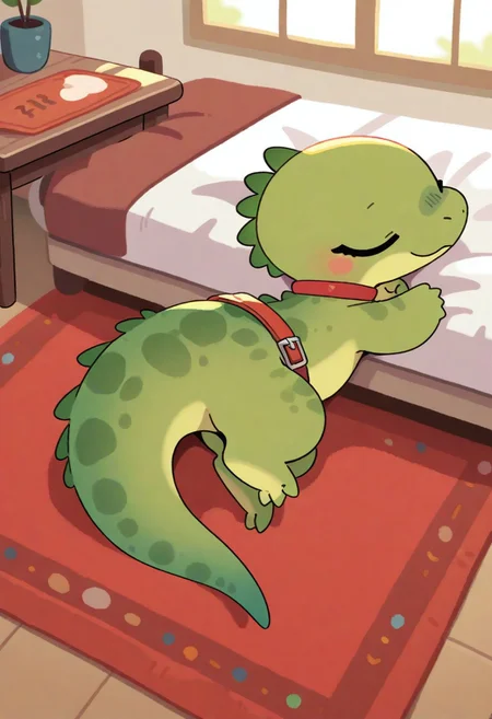 (masterpiece, best quality, high quality, highres), very awa, highres, absurdres,
(naguru \(cyoroama\), (chii-kun \(seedyoulater\):0.7),
pikaole, cute, animal focus,
(lizard:1.1), embarassed, (cute:1.2), (solo:1.2), (axolotl:0.5), green skin,
red choker with buckle,
cozy room, (bed:1.2), (table:1.2), tribal decorations, window,
(sleeping on the floor:1.2), lying on the rug, lying on the floor,