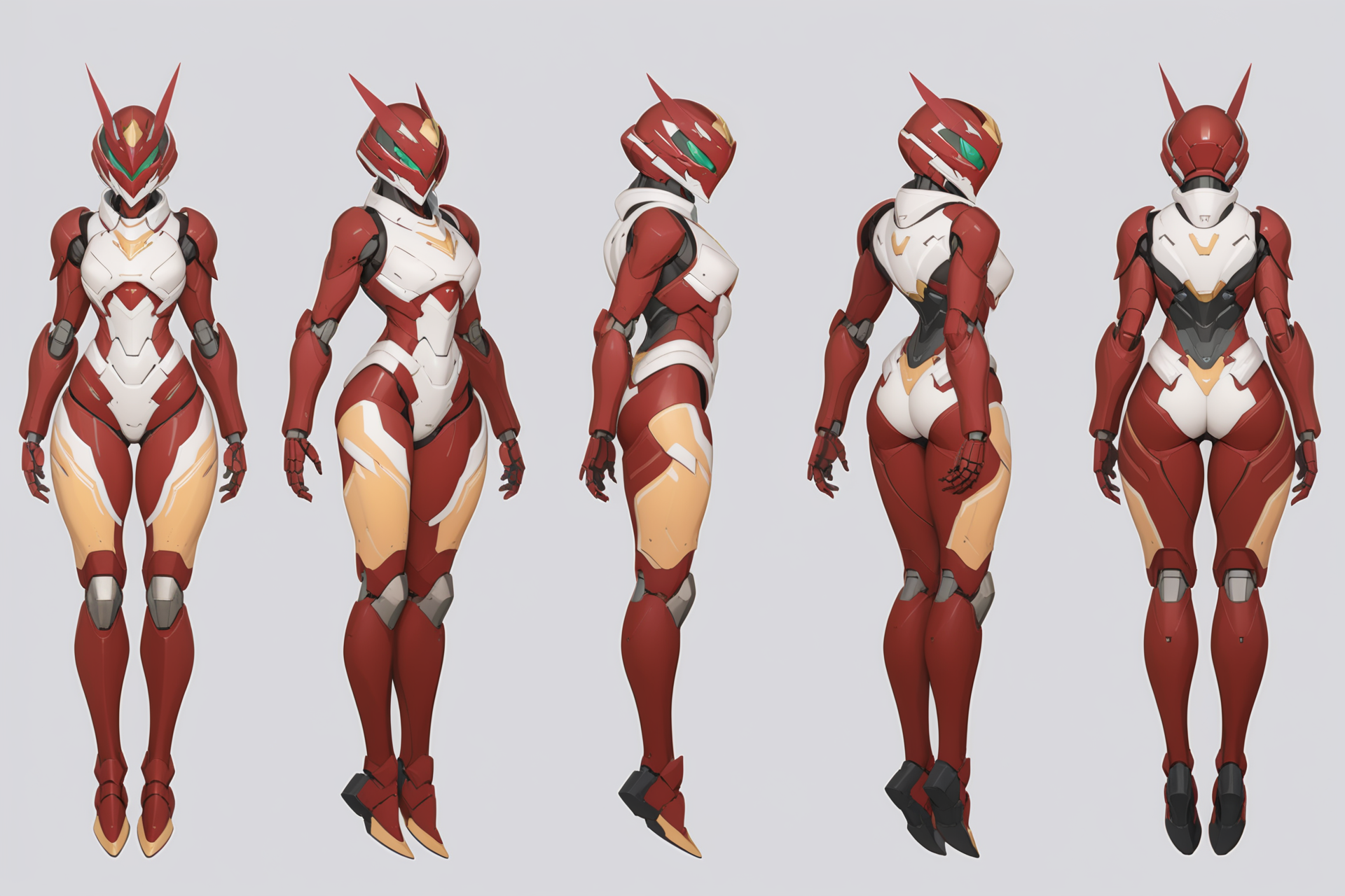 (GENERAL:0), mecha, robot, masterpiece, best quality, very aesthetic, absurdres, solo, standing,
(VIEWS:0),  full body character turnaround of mecha,
Multiple views of the same mecha,  (simple background, white background:1.2), multiple views, side view, back view, front view, 
,
mask, helmet,
Grasshopper \(insect\)ï¼
Nirvash\(Eureka Seven\),
plate armor, power suit, alien,
android, cybersuit, upper armor, mechanical arms, machinery, prosthesis,
(bodyshape:0), Athletic build body,
(clothing:0), (Off-the-shoulder bohemian peasant dress:0.6), 
(red  
devil  theme character design:1.1),
 <lora:MechTurnXLRemix_v1:.75>
 <lora:MechTurnXL_v1:.25>
<lora:ClothTurnXLRemix_v1-000004:.25>
 <lora:ClothTurnXL_v1-000004:0.25> 
<lora:CharTurnXL_v2:0.25>
 <lora:xl_more_art-full_v1:.25>,
 <lora:Alphonse Mucha Style:.1>, Alphonse Mucha Style page
 <lora:å½é£æç»SDXL:.1>