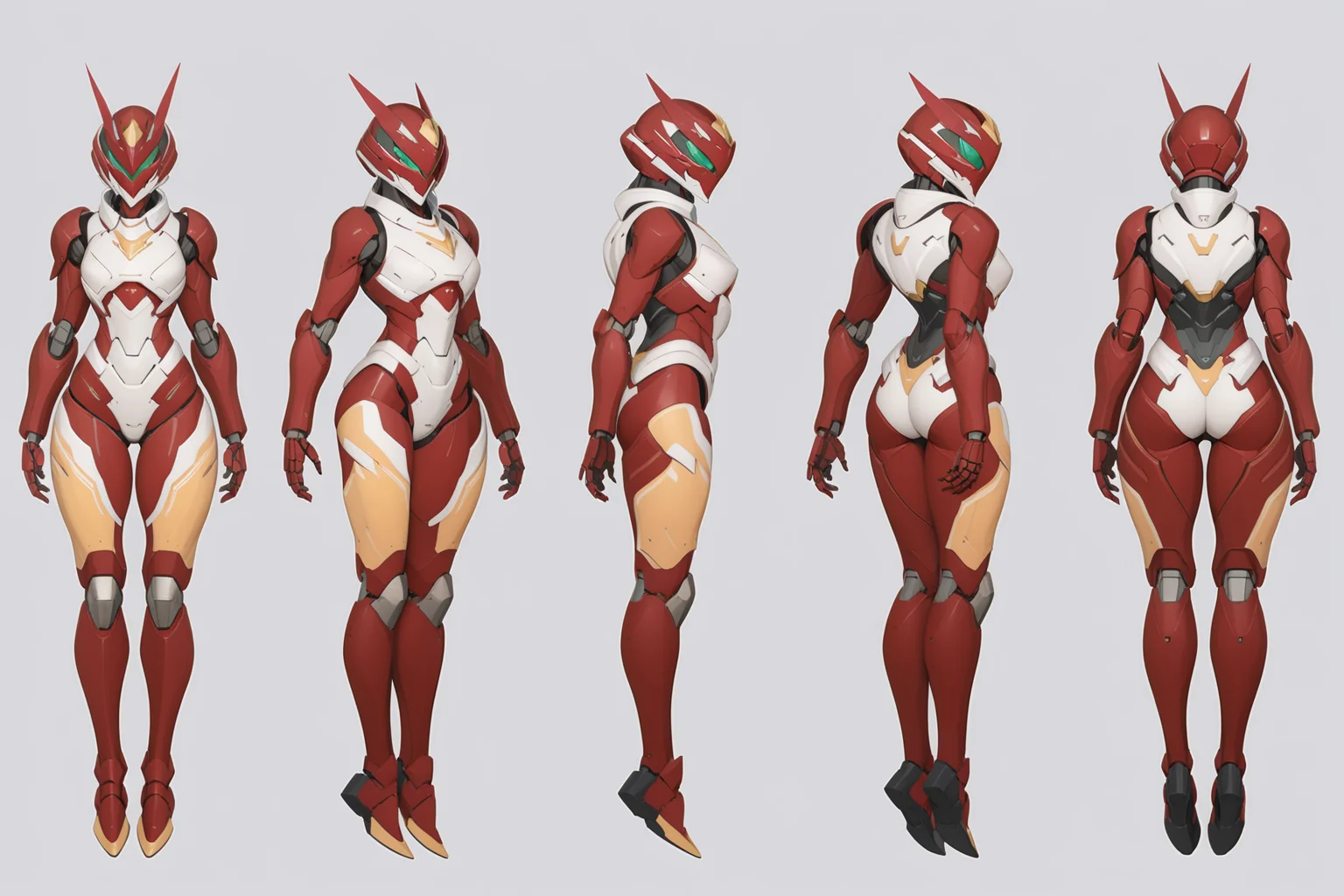 (GENERAL:0), mecha, robot, masterpiece, best quality, very aesthetic, absurdres, solo, standing,
(VIEWS:0), full body character turnaround of mecha,
Multiple views of the same mecha, (simple background, white background:1.2), multiple views, side view, back view, front view,
,
mask, helmet,
Grasshopper \(insect\)ï¼
Nirvash\(Eureka Seven\),
plate armor, power suit, alien,
android, cybersuit, upper armor, mechanical arms, machinery, prosthesis,
(bodyshape:0), Athletic build body,
(clothing:0), (Off-the-shoulder bohemian peasant dress:0.6),
(red
devil theme character design:1.1),
<lora:MechTurnXLRemix_v1:.75>
<lora:MechTurnXL_v1:.25>
<lora:ClothTurnXLRemix_v1-000004:.25>
<lora:ClothTurnXL_v1-000004:0.25>
<lora:CharTurnXL_v2:0.25>
<lora:xl_more_art-full_v1:.25>,
<lora:Alphonse Mucha Style:.1>, Alphonse Mucha Style page
<lora:å½é£æç»SDXL:.1>