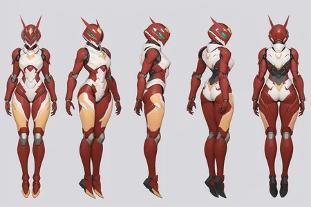 (GENERAL:0), mecha, robot, masterpiece, best quality, very aesthetic, absurdres, solo, standing,
(VIEWS:0),  full body character turnaround of mecha,
Multiple views of the same mecha,  (simple background, white background:1.2), multiple views, side view, back view, front view, 
,
mask, helmet,
Grasshopper \(insect\)ï¼
Nirvash\(Eureka Seven\),
plate armor, power suit, alien,
android, cybersuit, upper armor, mechanical arms, machinery, prosthesis,
(bodyshape:0), Athletic build body,
(clothing:0), (Off-the-shoulder bohemian peasant dress:0.6), 
(red  
devil  theme character design:1.1),
 <lora:MechTurnXLRemix_v1:.75>
 <lora:MechTurnXL_v1:.25>
<lora:ClothTurnXLRemix_v1-000004:.25>
 <lora:ClothTurnXL_v1-000004:0.25> 
<lora:CharTurnXL_v2:0.25>
 <lora:xl_more_art-full_v1:.25>,
 <lora:Alphonse Mucha Style:.1>, Alphonse Mucha Style page
 <lora:å½é£æç»SDXL:.1>