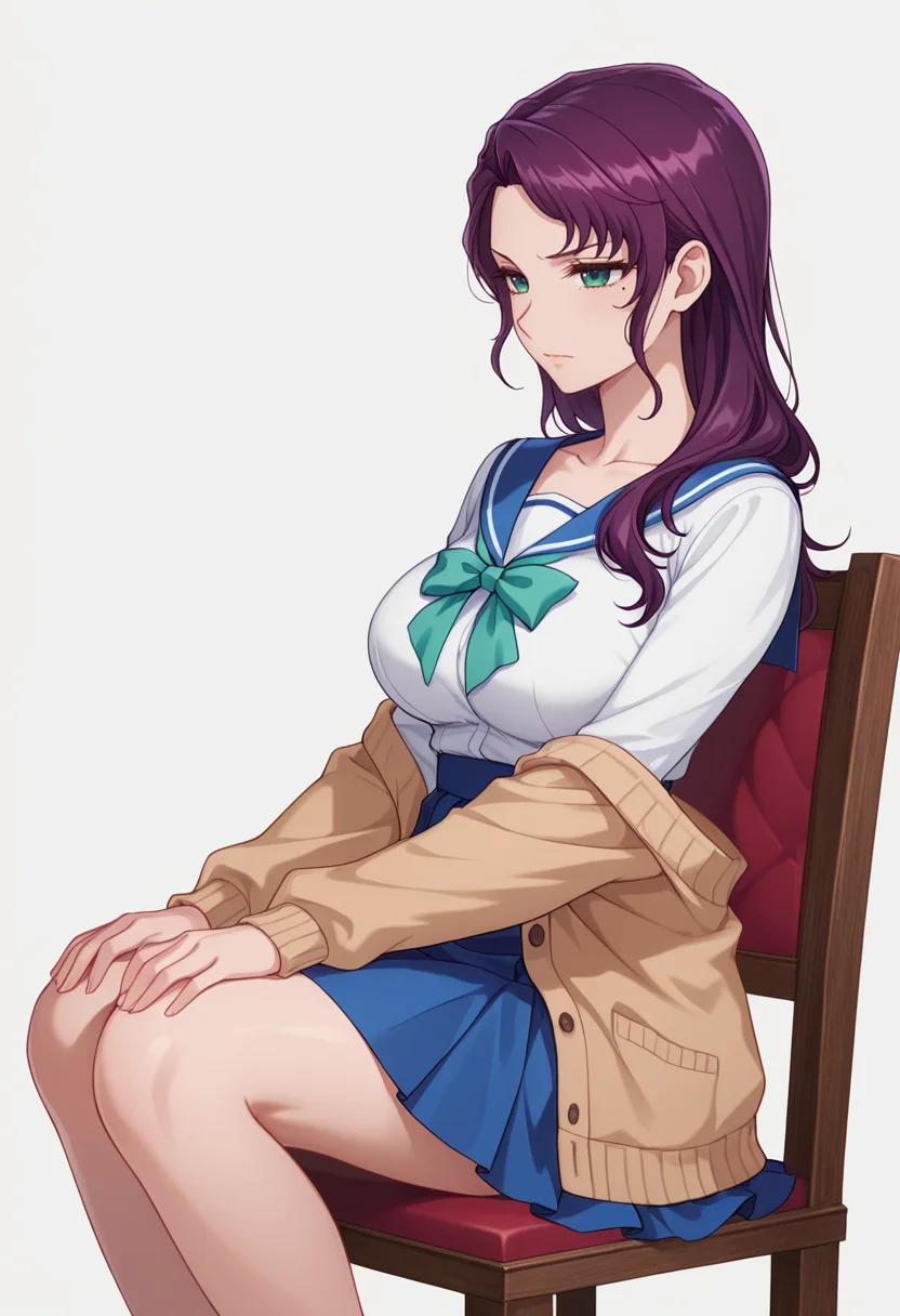Smooth Quality,masterpiece,very intricate, high quality details, ultra realistic, high detailed skin,detailed enviorement,absurdres,
simple background, white background, from side,
sitting, legs spread, hands on knees, serious face, upright posture, ,pain,partially undressed,
<lora:Meimei_CNR:0.8> meimei_cnr, 1girl,purple hair,long hair, green eyes, mole under eye,large breasts, collarbone,
sailor shirt, ,cardigan, ,skirt,,