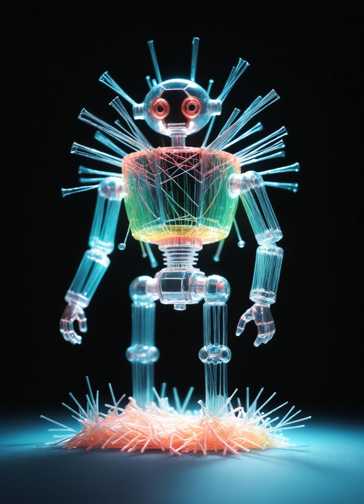 robot overlord (made of tiny neon glass filaments:1.2)  <lora:World_of_Glass_Filament:0.81> w0gf1l, north pole, ice, snow