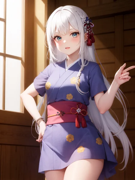 ((short sleeves)), short yukata, white hair, long hair, indoors, cowboy shot, obi, sash,