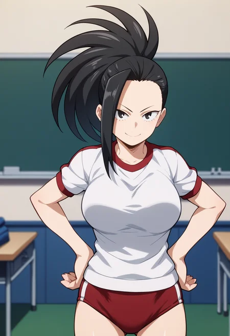 score_9, score_8_up, score_7_up, score_6_up, score_5_up, score_4_up, BREAK
1girl, chibi,
yaoyorozumomo, black eyes, black hair, ponytail, long hair, hair pulled back,
large breasts, gym uniform, white shirt, red buruma,
smile, hands on hips, standing, solo, looking at viewer, indoors, classroom background <lora:MomoYaoyorozuXL:1>