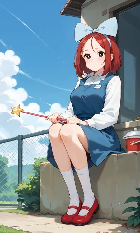 (1girl:1.5), (solo:1.3), (score_9, score_8_up, score_7_up, score_6_up, score_5_up, score_4_up), (source_anime), rating_questionable, looking at viewer, (full body:1.3), outdoors, blue sky, cloudy sky, looking at viewer,
(shiwasu-mari), (black eyes, red hair, medium hair, parted bangs, parody hair), (large breasts), <lora:magical-mari-early_v1:0.9> (light blue big hair bow, royal blue pinafore dress, white collared shirt, long sleeves, white bobby socks, red footwear, mary janes), (holding wand), sitting fence, sad