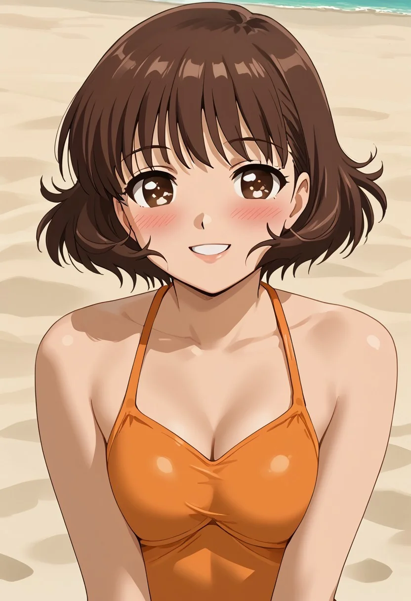 NFSW, 1 girl, brown hair, alone, smiling, brown eyes, defined pupils, blushing, short hair, swimsuit, beachparty