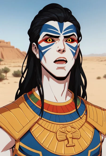 xmen97 style, 1boy, male focus, yellow eyes, solo, desert, open mouth, blue face paint, facial mark,  black hair,  colored sclera, looking at viewer, long hair, red sclera , colored skin, white skin, ancient egypt, En Sabah Nur, neck armor, anime coloring, flat color, cel shading, cel shaded, 2d, PonyXLV6_Scores zPDXL