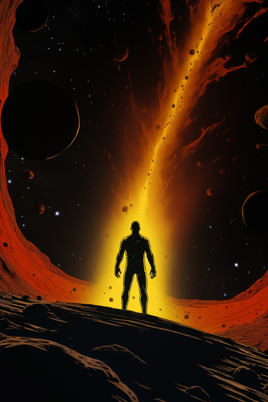 <lora:v5lcnXL-000004:0.8> a man watching a galaxy collapsing in the style of v5lcn