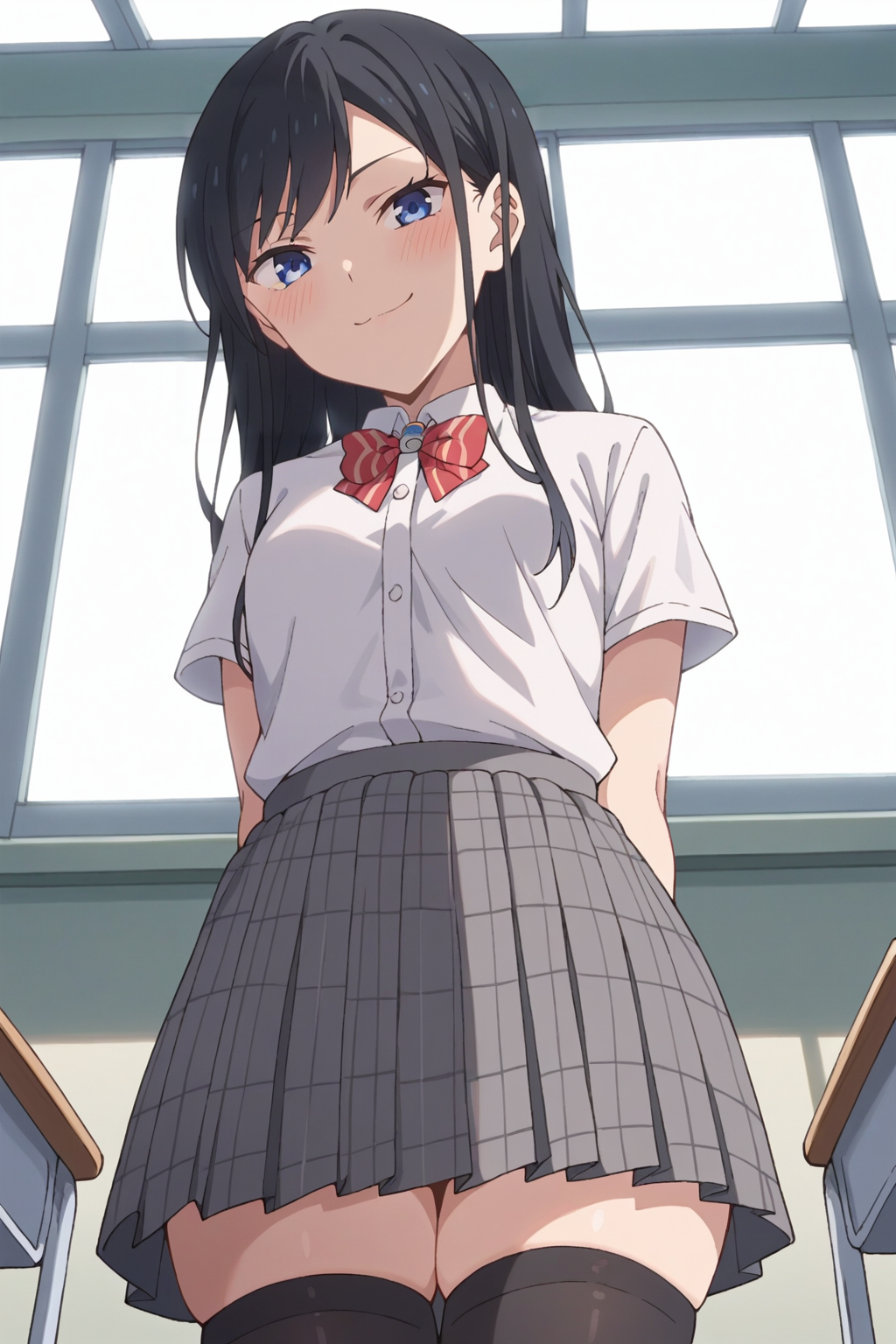 score_9, score_8_up, score_7_up, source_anime, 1girl, prefect lighting, very aesthetic, intricate details, highly detailed background, masterpiece, high quality, prefect hands, best quality, solo,
<lora:Rin_Nanakura_Pseudo_Harem_V1:.85>, KJOrin, black hair, blue eyes, long hair, swept bangs, 
school uniform, black thighhighs, zettai ryouiki, skindentation, 
from below, arms behind back, smug, looking at viewer, head tilt, blush,
classroom, desks, sliding doors,
(Beautiful, small Breasts:1.2), natural breasts,