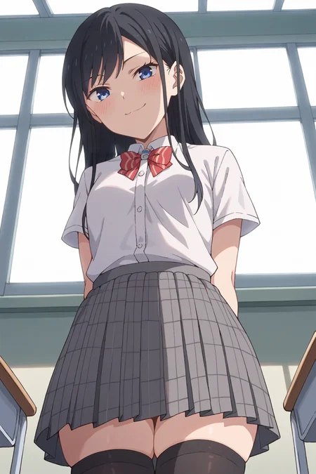 score_9, score_8_up, score_7_up, source_anime, 1girl, prefect lighting, very aesthetic, intricate details, highly detailed background, masterpiece, high quality, prefect hands, best quality, solo,
<lora:Rin_Nanakura_Pseudo_Harem_V1:.85>, KJOrin, black hair, blue eyes, long hair, swept bangs, 
school uniform, black thighhighs, zettai ryouiki, skindentation, 
from below, arms behind back, smug, looking at viewer, head tilt, blush,
classroom, desks, sliding doors,
(Beautiful, small Breasts:1.2), natural breasts,