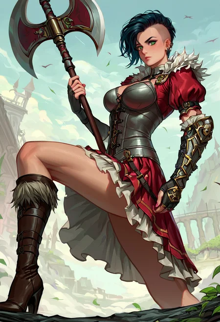 (score_9, score_8_up:1.1), score_7_ up, highly detailed, , zPDXL, ((1 girl,)) slender, petite ,Deep elven barbarian, raw strength, short black hair in a Mohawk style, piercing green eyes, leather armor with metal accents, wielding a massive battle axe with deadly precision. she wear Burgundy doublet, puffy sleeved shirt, breeches, knee-high riding boots, rapier at hip, signet ring, feathered cap. ,  dynamic pose, detialed background
, masterpeice, detailed, intricated details, 8k, ultraclear <lora:detailed_notrigger:1>, wide angle, detailed scene, detailed faces, perfect quality, tranding on artstation, incredible details , Painstaking Attention To Details ,  <lora:OMG-Is-DucHaiten_v1.0:1> ziprealism