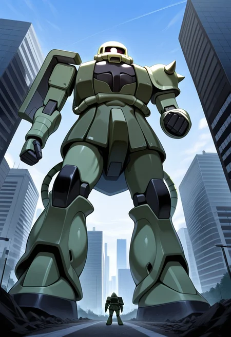 score_9, score_8_up, score_7_up, score_6_up, score_5_up, score_4_up, 4k quality, detailed, dramatic lighting, (zaku, mobile suit, monoeye), solo, 1boy, (no humans), best quality, masterpiece, ((giant, macro)), landscape, towering over city, bright sunny day, ((low angle view, full body)), looking at viewer