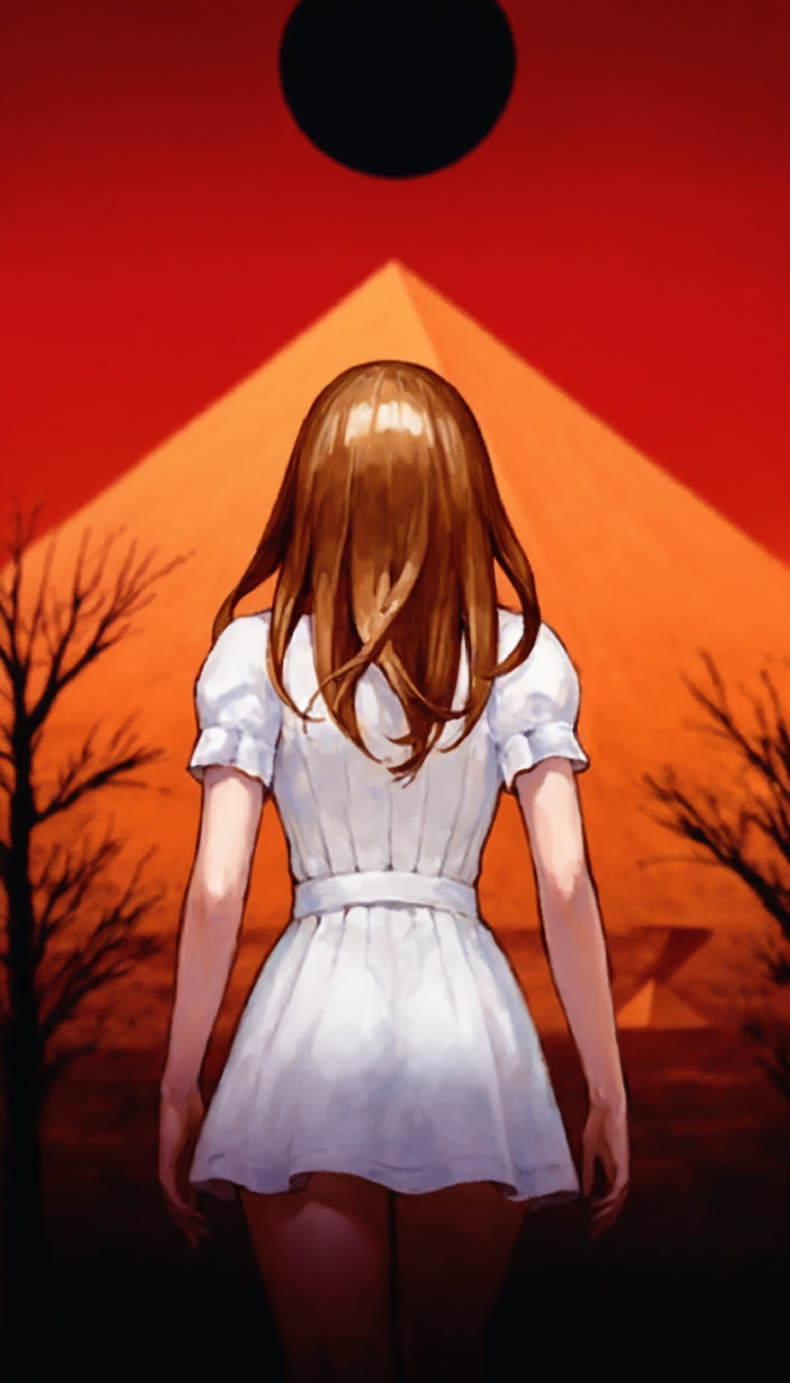 masterpiece,best quality,amazing quality,
<lora:charlotteAullinNAI:1>,charlotteaulin,
1girl,solo,
brown hair,long hair,
blue eyes,
white dress,short puffed sleeves,
walking,back view,perspective,from below,cowboy shot,
blurry background,depth of field,vignetting,light particles,soft lighting,
black sun,pyramid in the background,desert,heat wave,bare tree,