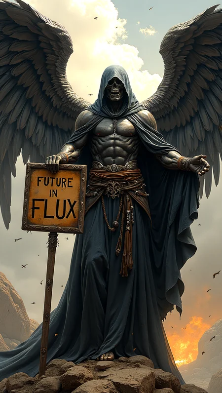 the heavy-metal-death-angel,flowing robes,metal-wings,descended from the heavens, Holding a sign that reads "Future in FLUX",biblical art,revelations,apocalyptic premonition,approaching perfection,dynamic,highly detailed,smooth,sharp focus,trending on artstation,sharp focus,intricate details,highly detailed,mysterious,epic,art by Dave McKean,art by Eric Lacombe,art by Ian McQueen, embedding:EZRealPONYXL,