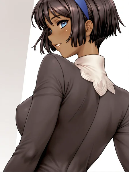 masterpiece,best quality,newest,1girl,solo,
<lora:Grace_Blackberry_ilxl_v1.4:1>,Grace,blue eyes,black hair,hairband,dark-skinned female,g_clothes,impossible clothes,long_sleeves,dress,
<lora:Fixhands_anime_bdsqlsz_V1:1>,dynamic_angle,cinematic_angle,looking_at_viewer,white_background,simple_background,face_focus,upper_body,light_blush,from behind,looking_back,profile,smile,