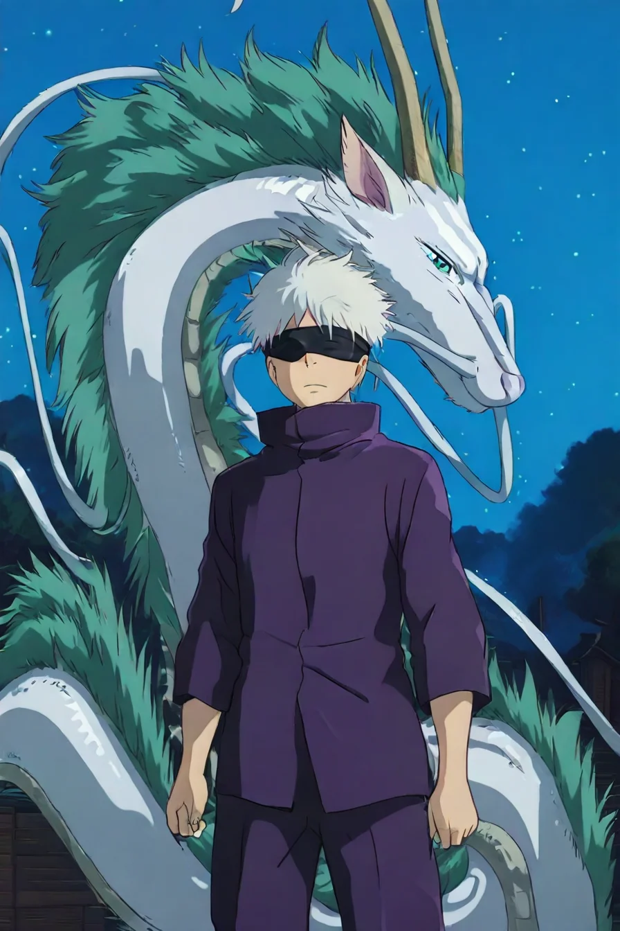 score_9, score_8_up, score_7_up, score_6_up, score_5_up, score_4_up, <lora:GojoSatoruPony:0.8> SatoruGojo, white hair, purple pants, high collar, blindfold, covered eyes, black blindfold, purple jacket, <lora:ghibli_style_illustriousXL:1>, 1boy, ghibli_style, solo, alone, masterpiece, highres, eastern dragon, night, sky, starry_sky