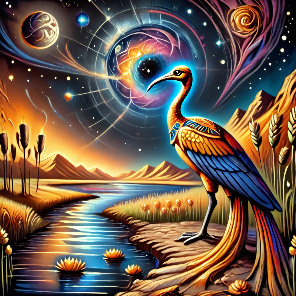 Ibis, lake, mystical, space, <lora:Egyptian_Psychedelic:1>