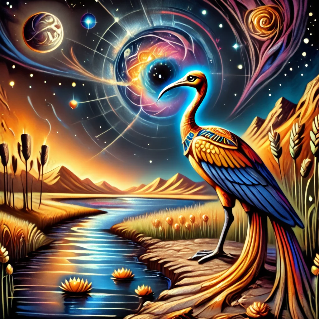 Ibis, lake, mystical, space, <lora:Egyptian_Psychedelic:1>