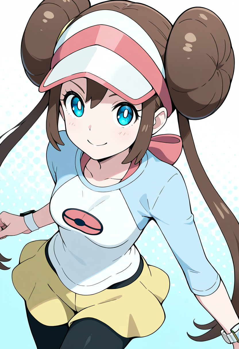 masterpiece, best quality, 1girl, solo, eyelashes, (beautiful eyes), dynamic pose, foreshortening, smile, looking at viewer,   BREAK, zzRosa, hair bun, blue eyes, twintails, visor cap, pantyhose, raglan sleeves, yellow shorts, shirt, pink bow, wristwatch, <lora:RosaPokemon_NAI:1.0>,