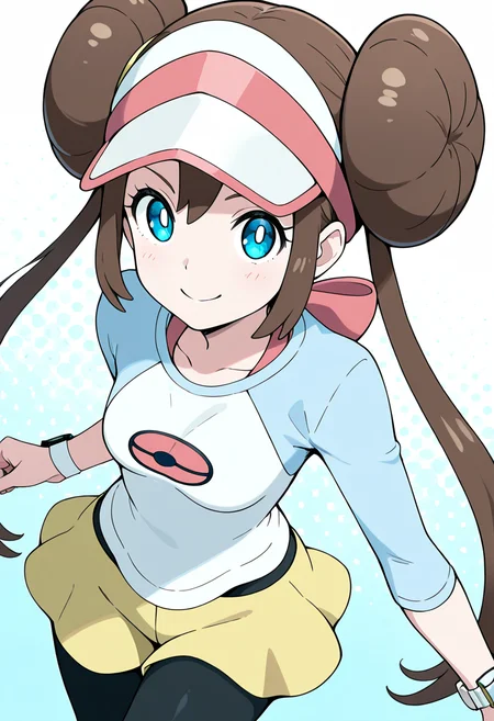 masterpiece, best quality, 1girl, solo, eyelashes, (beautiful eyes), dynamic pose, foreshortening, smile, looking at viewer, BREAK, zzRosa, hair bun, blue eyes, twintails, visor cap, pantyhose, raglan sleeves, yellow shorts, shirt, pink bow, wristwatch, <lora:RosaPokemon_NAI:1.0>,