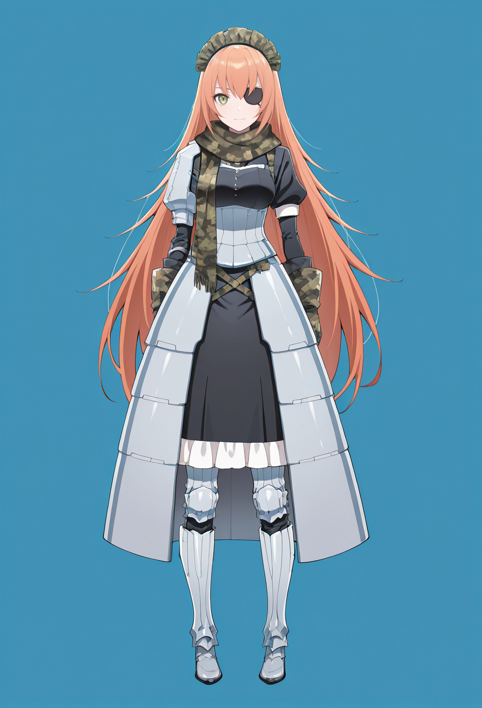 masterpiece, best quality,
1girl, solo, full body, 
standing,
looking at viewer, light smile,
simple background, blue background,
 <lora:CZ2128_Delta:1> CZ2128D3lt4, long hair, green eye, very long hair, eyepatch, orange hair, 
maid, armor, scarf, camouflage maid headdress, boots, dress,  camouflage gloves,