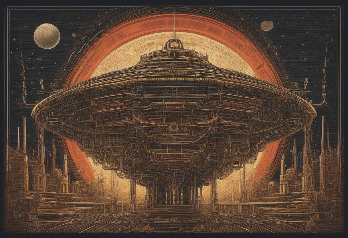 score_9, score_8_up, score_7_up, score_6_up, qu4ntum style, source_cartoon, vintage scifi art, (book cover), an spaceship made of brass pipes and (silver wires) and gold circuits, in orbit above an (alien planet), floating space,  bright colors, gold, red and greens