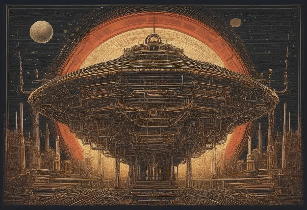 score_9, score_8_up, score_7_up, score_6_up, qu4ntum style, source_cartoon, vintage scifi art, (book cover), an spaceship made of brass pipes and (silver wires) and gold circuits, in orbit above an (alien planet), floating space,  bright colors, gold, red and greens