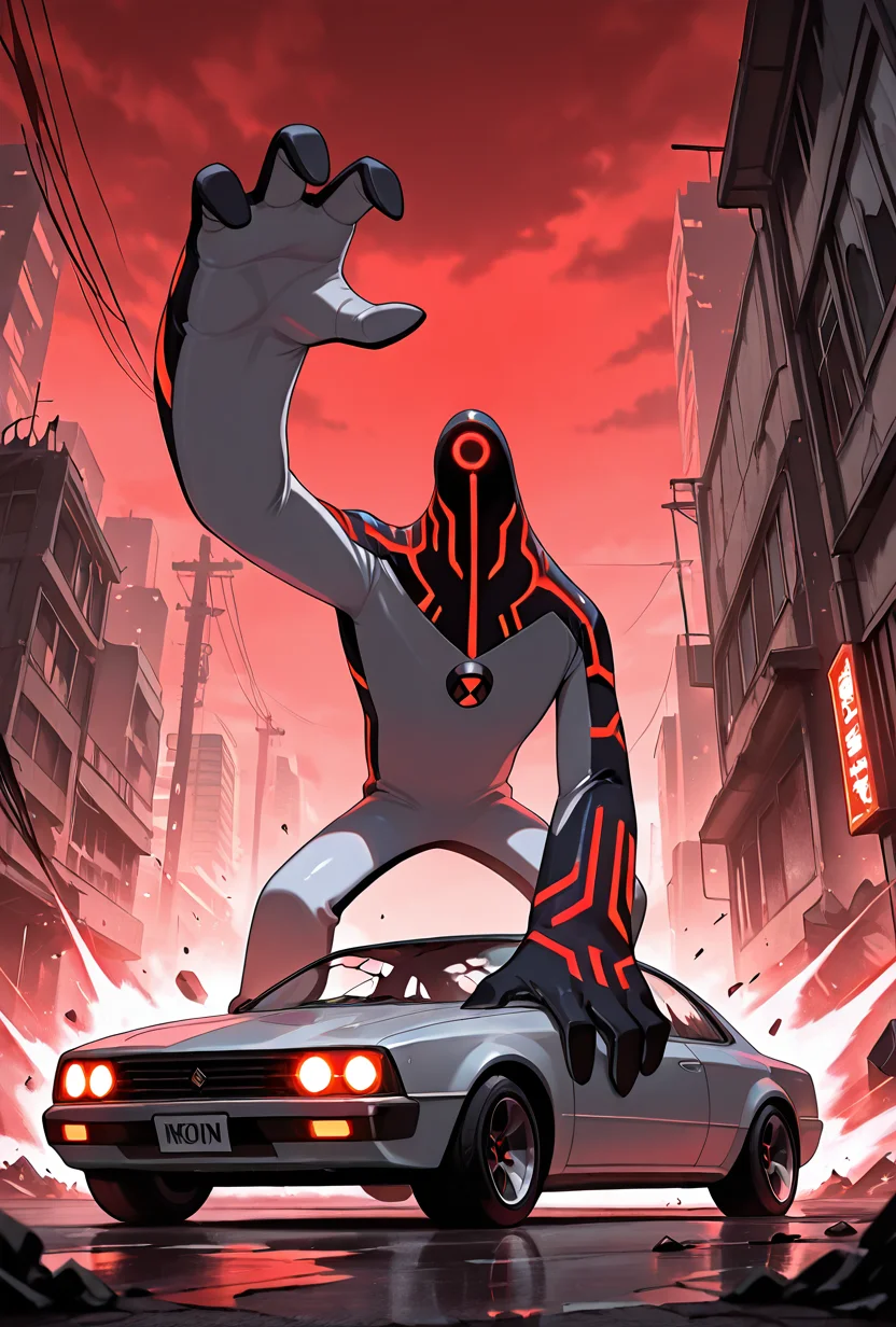 <lora:upgrade-08:1> upgrade, solo, no humans, neon trim, red strips, no humans,,, angry pose, red lights, destroyed city, from bottom, standing on car, one arm raised, other arm on floor, standing ontop of car, masterpiece, best quality, amazing quality, very aesthetic, absurdres, newest,