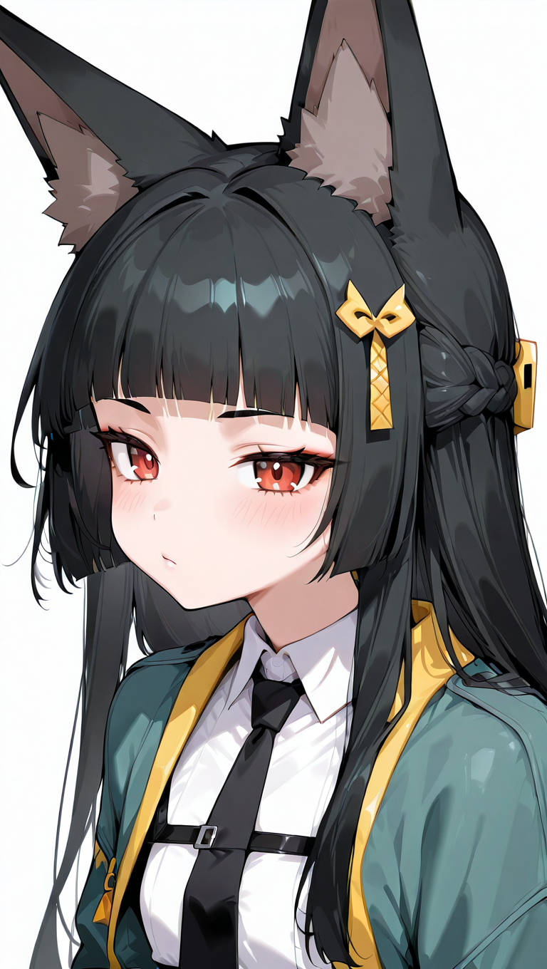 1girl, animal ears, bangs, black hair, blunt bangs, blush, fox ears, hair ornament, jacket, long hair, looking at viewer, necktie, red eyes, shirt, simple background, solo, upper body, white background, white shirt <lora:Hoshimi Miyabi:1>