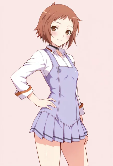 masterpiece, best quality,
1girl, solo, cowboy shot,
standing, hand on own hips,
looking at viewer, blush, light smile,
<lora:Hana_Katsuragi:1> H4n4K4ts0r4g1, short hair, brown hair, brown eyes,
school uniform, skirt, choker, pleated skirt, long sleeves,
pink background, simple background,