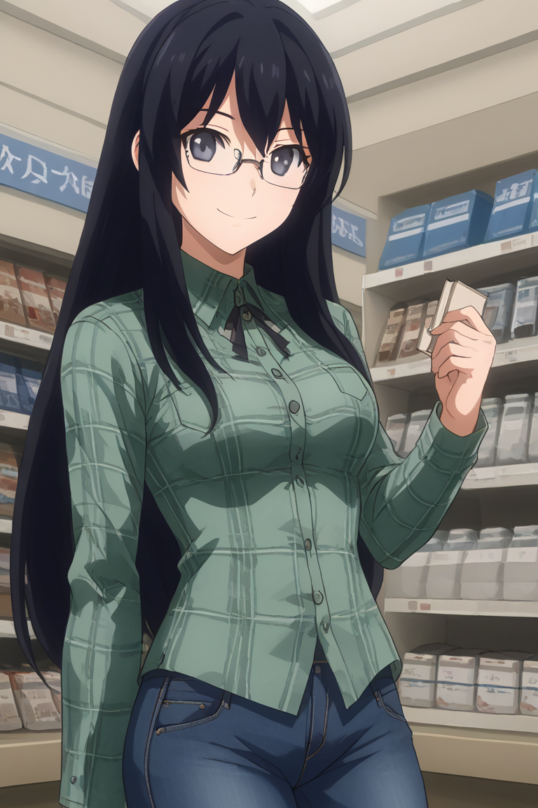 1girl, solo, ayamenb, black hair, long hair, black eyes, green shirt, long sleeves, buttons, plaid shirt, jeans pants, glasses, eyewear, , indoors, book store, standing, cowboy shot, smile