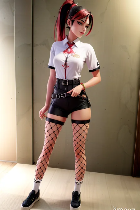 <lora:Helsie:0.5>, xyzhelsie, clothes, standing, fishnet, legwear, socks, shoes, ponytail, belt