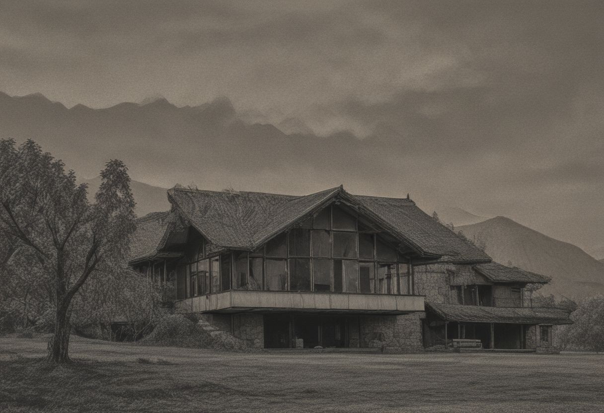 Image a villa  in a mountain landscape international style sunny big windows wooden typycal roof