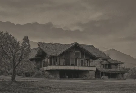 Image a villa in a mountain landscape international style sunny big windows wooden typycal roof
