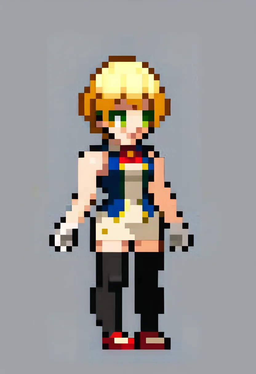 score_9, score_8_up, score_7_up, source_anime, 1girl, smile, closed mouth, standing, <lora:Leanboox-Sprite-Style-pdxl_Fp:1> simple background, full body, pixel art, <lora:FranGE-pdxl:1> franGE, blonde hair, short hair, green eyes, blue vest, collared shirt, red neck ribbon, medium breasts, sleeveless, white gloves, white dress, pencil skirt, black thighhighs, mary janes, red footwear