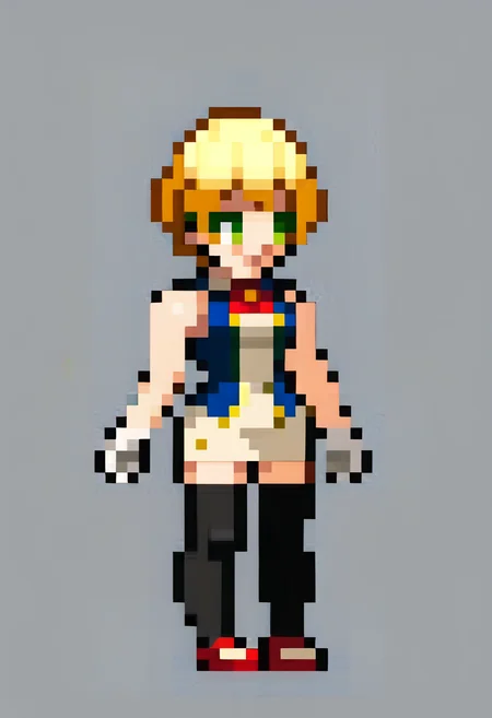 score_9, score_8_up, score_7_up, source_anime, 1girl, smile, closed mouth, standing, <lora:Leanboox-Sprite-Style-pdxl_Fp:1> simple background, full body, pixel art, <lora:FranGE-pdxl:1> franGE, blonde hair, short hair, green eyes, blue vest, collared shirt, red neck ribbon, medium breasts, sleeveless, white gloves, white dress, pencil skirt, black thighhighs, mary janes, red footwear