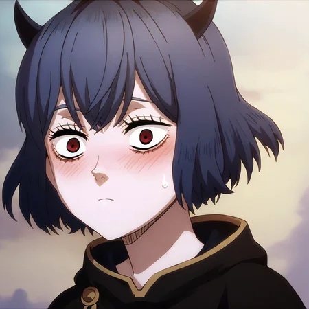 highres, sharp focus, pixiv masterpiece, highly detailed, 1girl, small_breasts, blackbull-cape, nero-dress, Secre_Swallowtail_XL, source_anime, score_8_up, score_7_up, score_9, <lora:Secre_Swallowtail_PonyXL_v19-000001:1> , eyelashes, headshot, close-up, surprised, looking at viewer, blushing