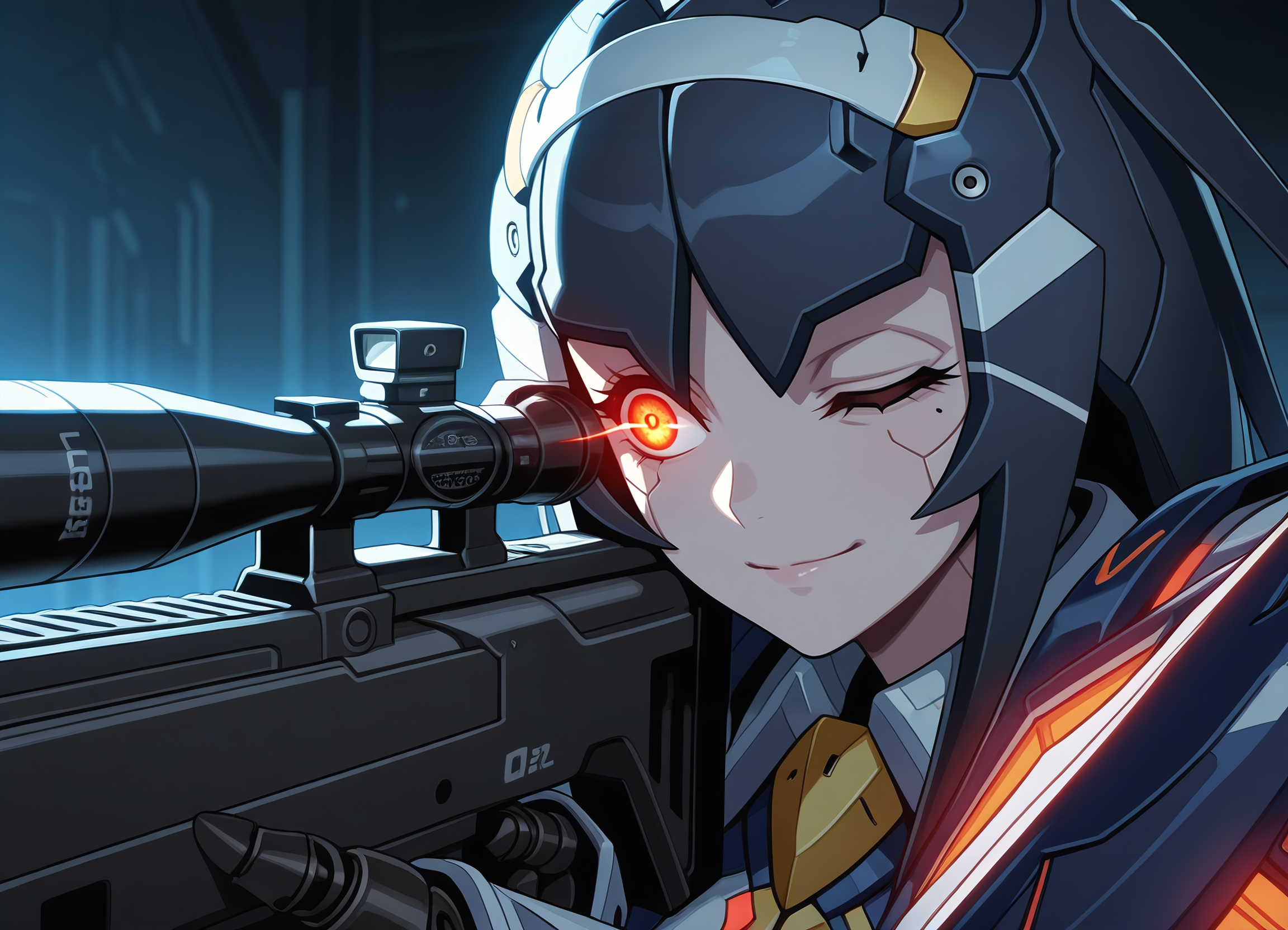 masterpiece, best quality, amazing quality, highres, absurdres, 
1girl, adult, 
dark, dramatic lighting, abstract background, 
close-up, holding rifle, from side, looking through scope, 
focused, concentrating, pleased, serious, glowing eye, one eye closed, light smile, 
stunning attractive cute 28-years-old woman, robot girl, 
 <lora:Lisa_-_PSO2_-_Illustrious:1> Lisa-PSO2, Lisa-cast,
